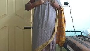 Desi  indian tamil telugu kannada malayalam hindi horny cheating wife vanitha wearing grey colour saree  showing big boobs and shaved pussy press hard boobs press nip rubbing pussy masturbation