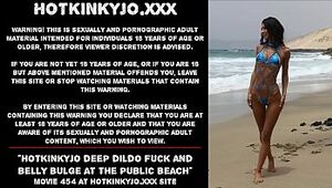 Hotkinkyjo deep dildo fuck and belly bulge at the public beach